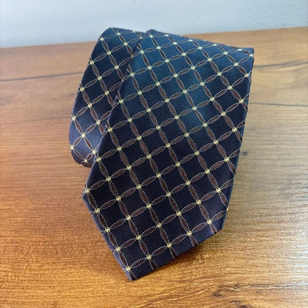 Hugo Boss Men's Silk Tie Navy Blue Brown Geometric Diamond Lattice Made In Italy